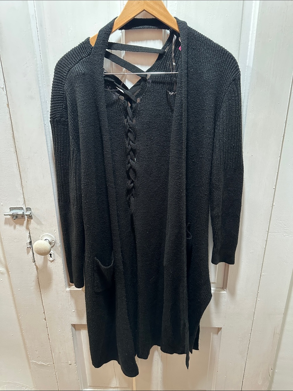 No Boundaries Black Ribbed Cardigan with Lace-Up Detail